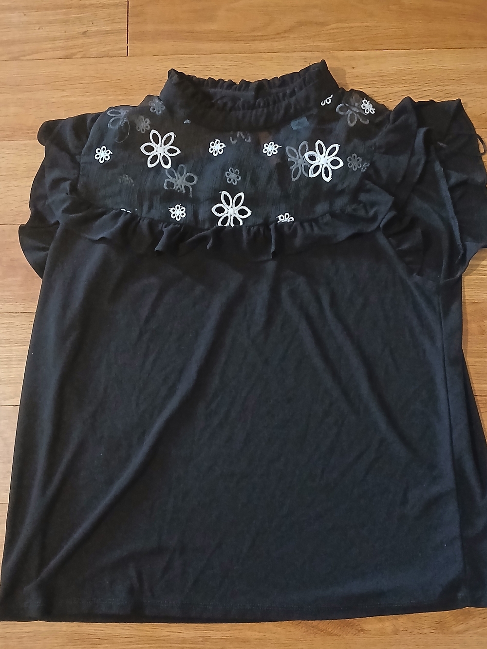 CeCe Black Mock Neck Ruffle Embroidered Floral Button-Front Blouse Size L